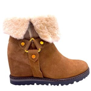 NAPOLEONI Brown Suede Shearling Wedge Booties